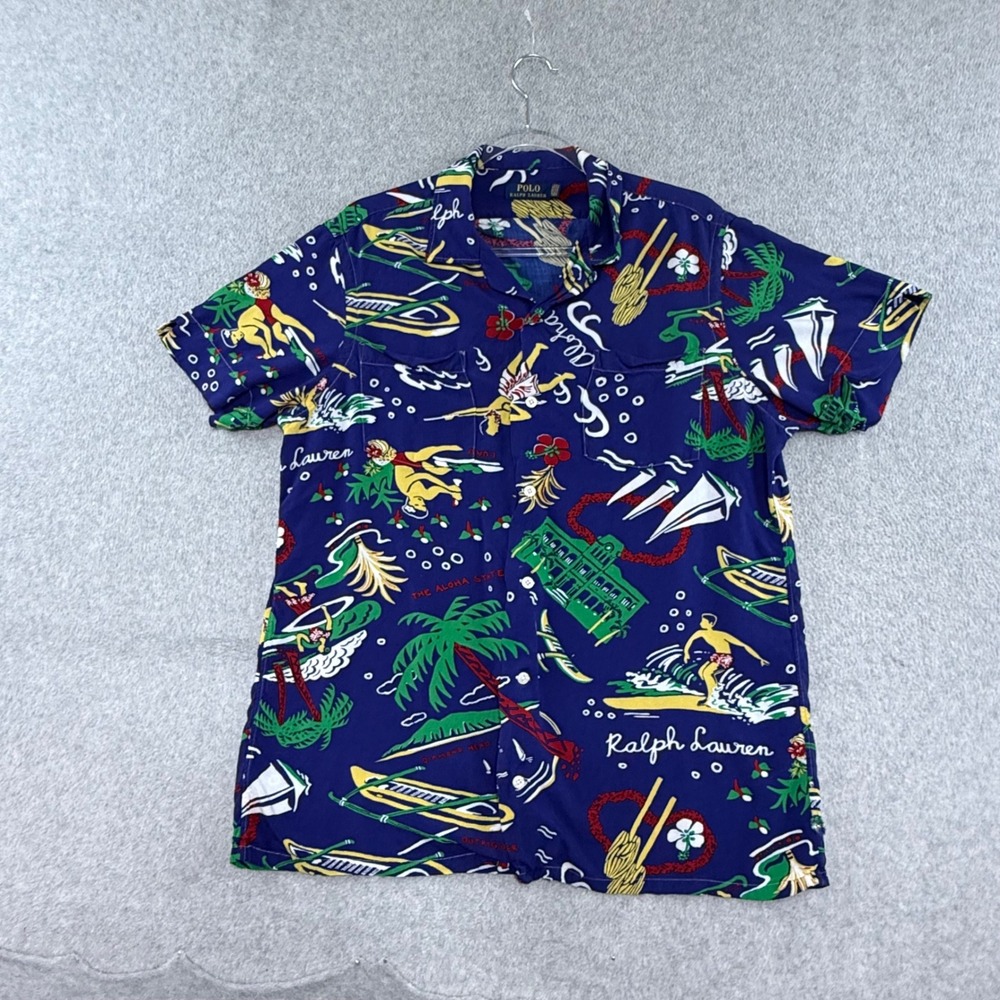 Polo Ralph Lauren Hawaiian Shirt Mens L Rayon Blue Aloha Graphic Camp Collar
